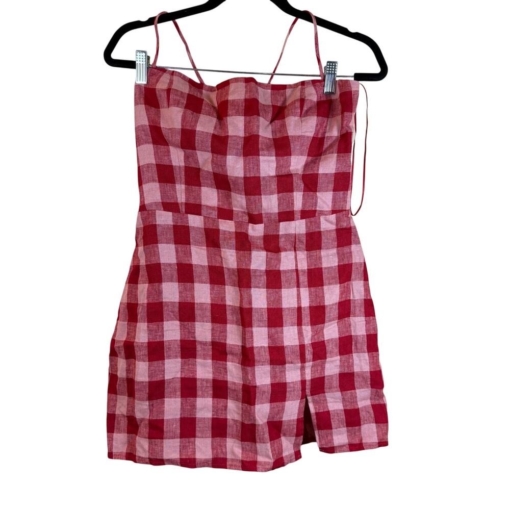 Reformation Linda Linen Halter Mini Dress Conda Check in Red sz 8